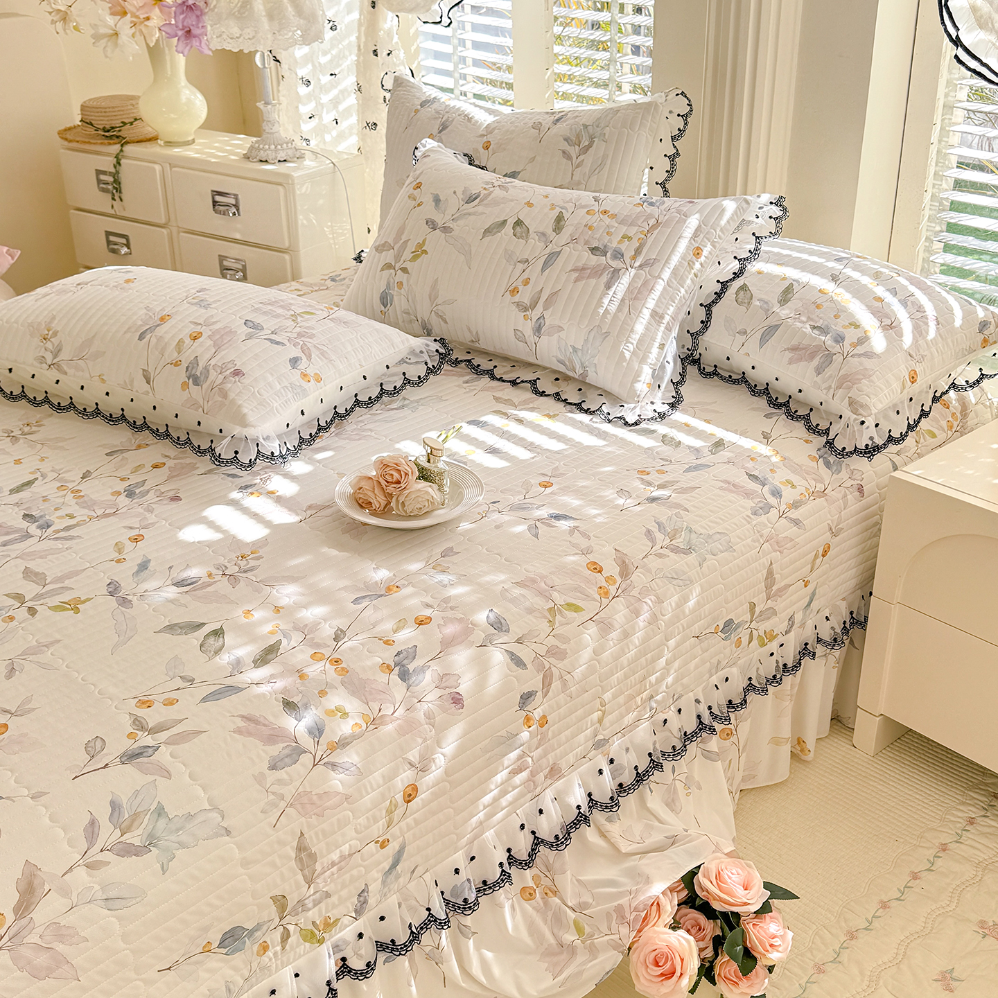 2026新款凉感丝夹棉床盖款三件套 花田半亩