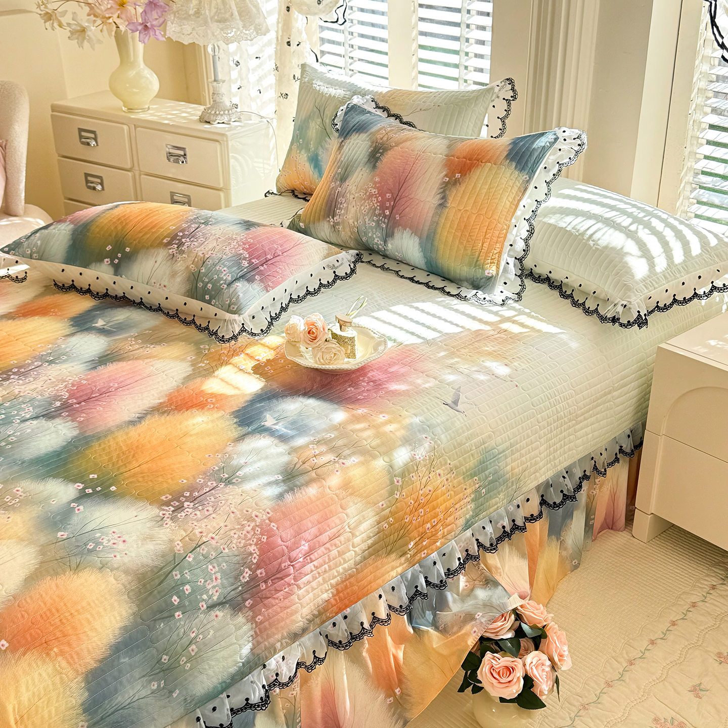 2026新款凉感丝夹棉床盖款三件套 空谷幽兰