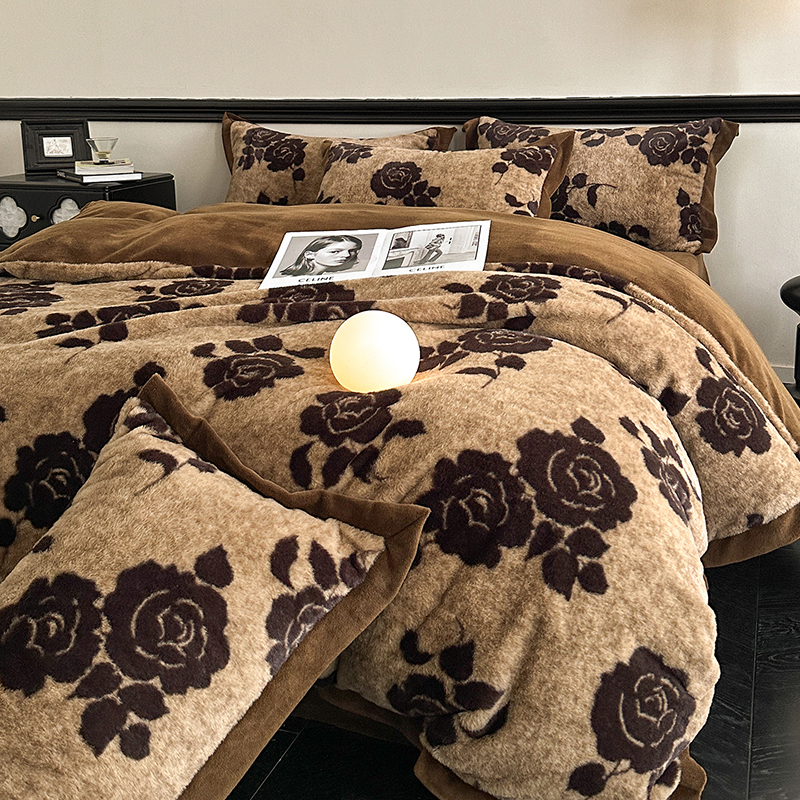 2025秋冬新款丹麦兔毛绒宽边牛奶绒四件套 宽边兔绒-绽放-咖