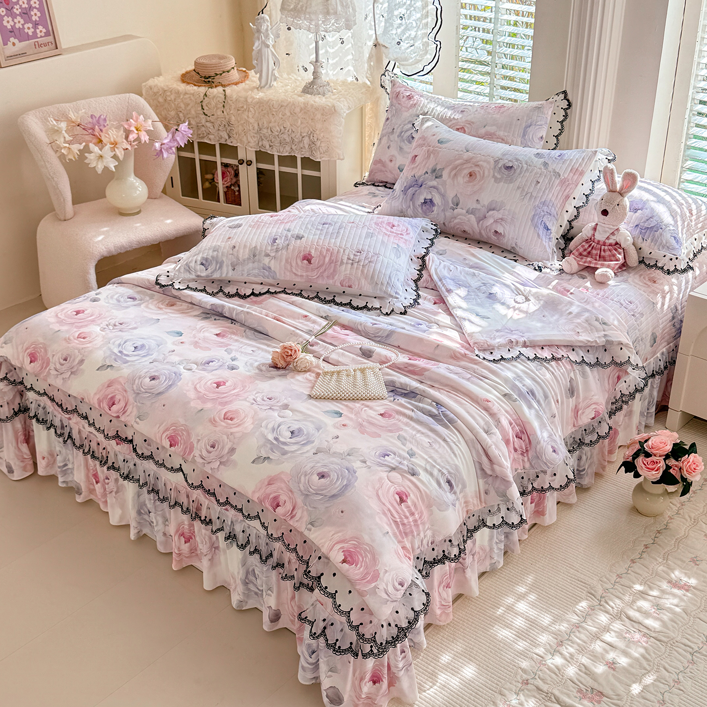 2026新款凉感丝花边夏被床盖款四件套 玫瑰花语