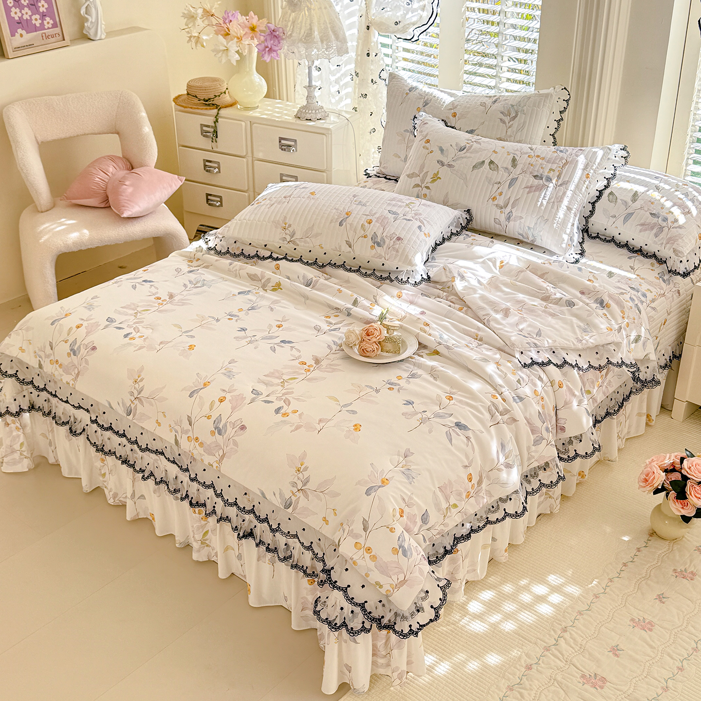 2026新款凉感丝花边夏被床盖款四件套 花田半亩