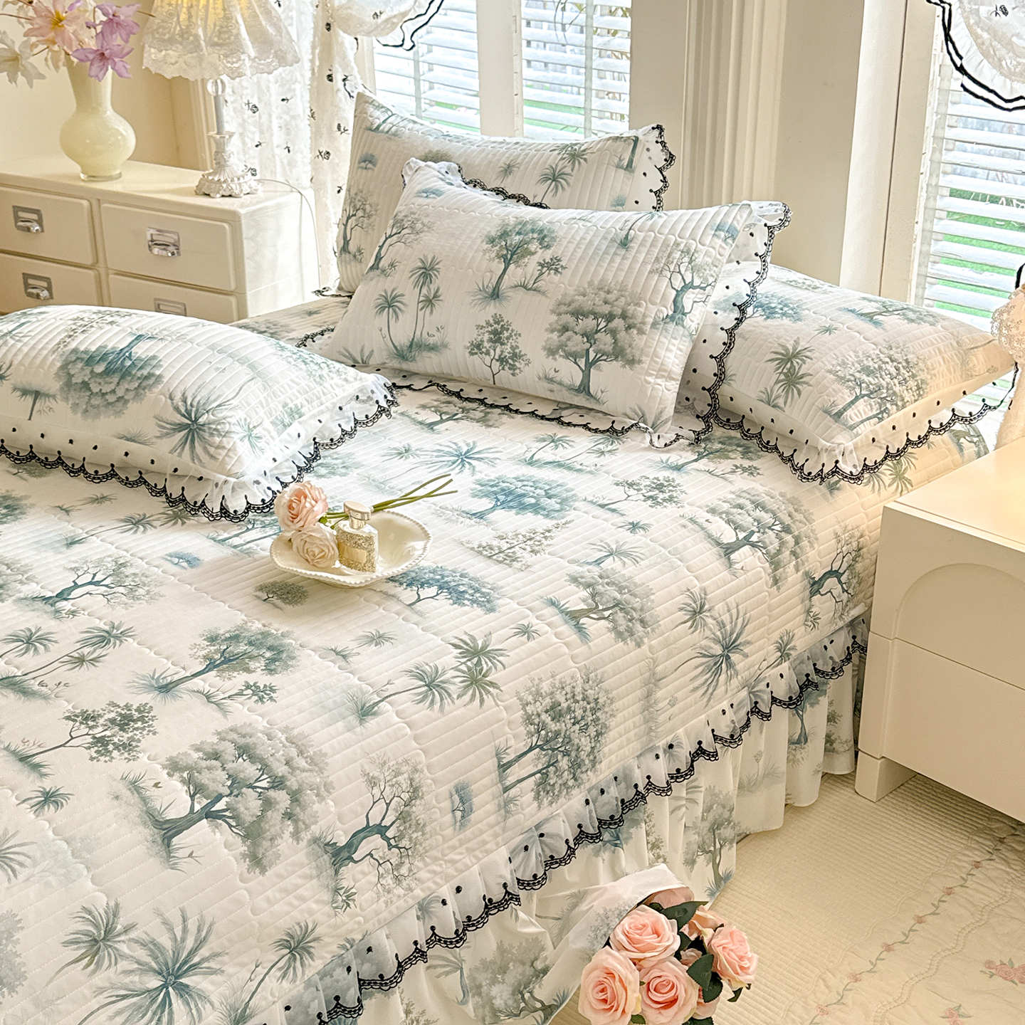 2026新款凉感丝夹棉床盖款三件套 热带雨林