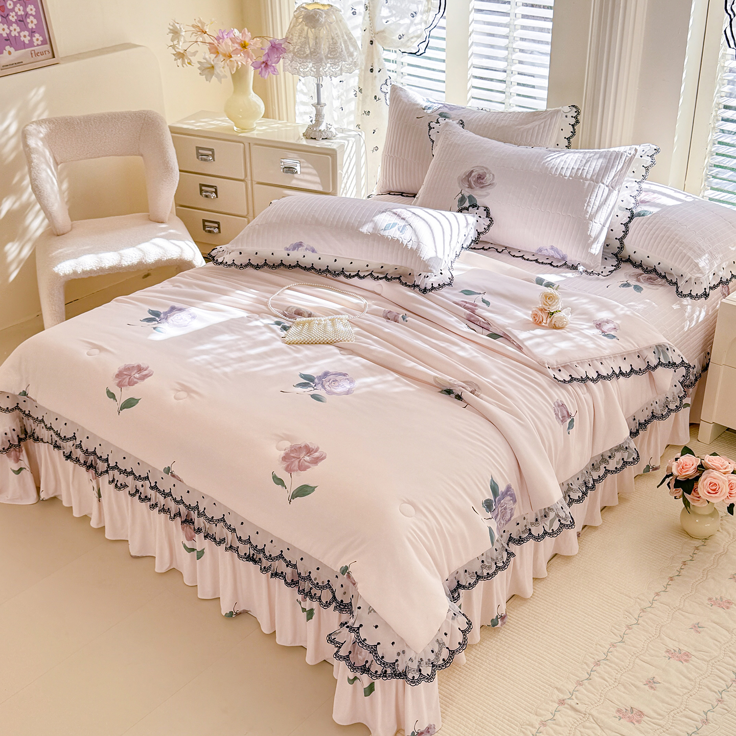 2026新款凉感丝花边夏被床盖款四件套 花间晚照