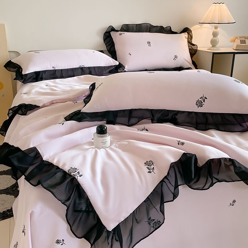 2026新款水洗真丝冰丝美拉德风花边夏被四件套 夏被-玫瑰-粉