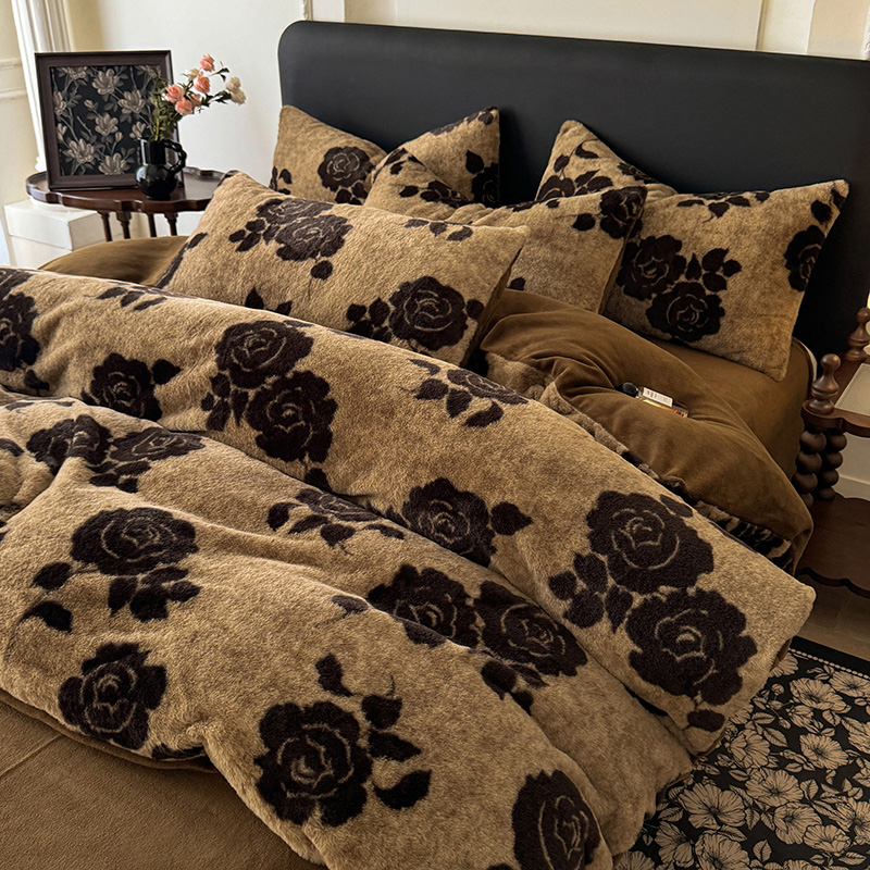 2025秋冬丹麦兔毛绒牛奶绒四件套 绽放-咖