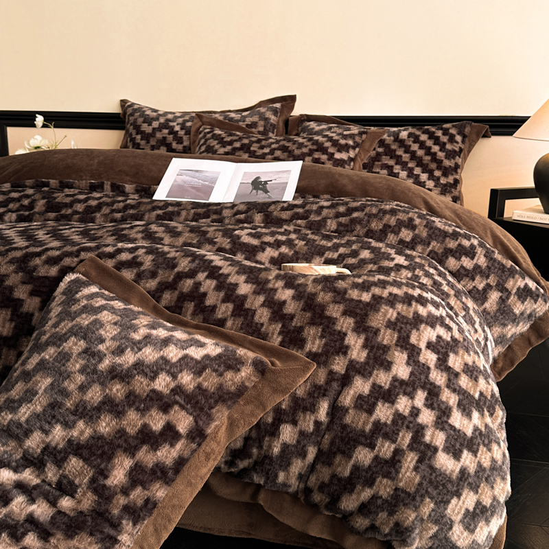 2025秋冬新款丹麦兔毛绒宽边牛奶绒四件套 宽边兔绒-棋盘格