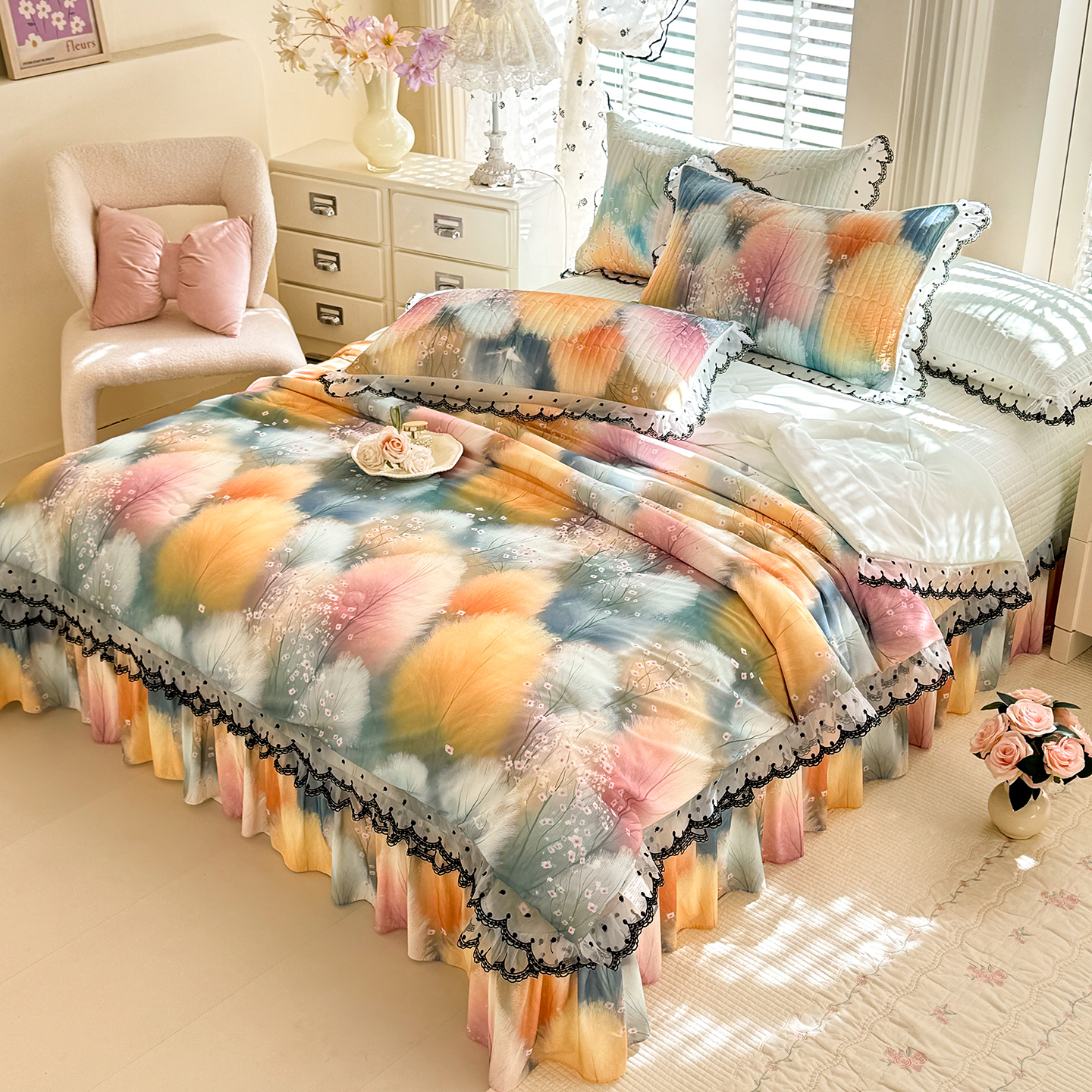 2026新款凉感丝花边夏被床盖款四件套 空谷幽兰