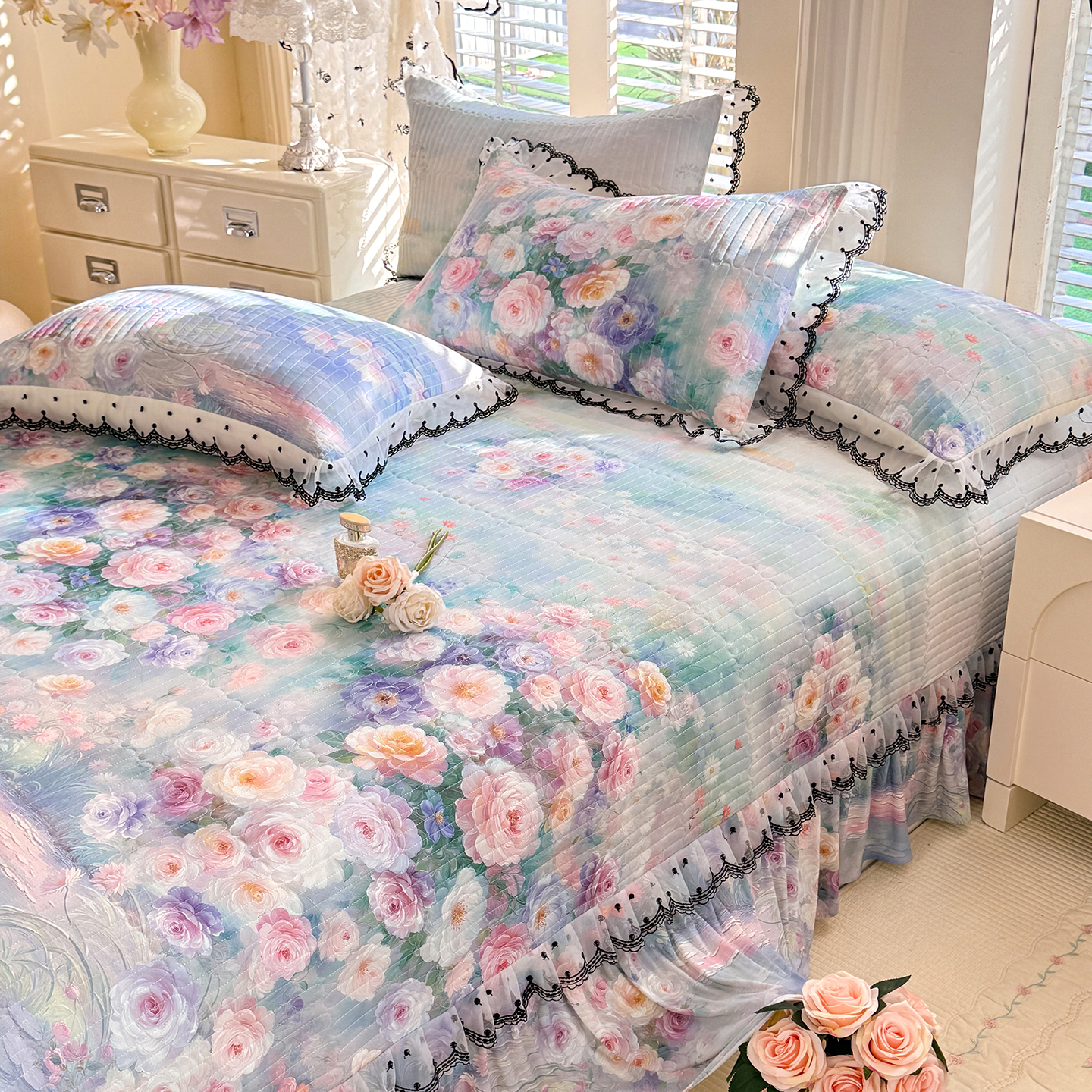 2026新款凉感丝夹棉床盖款三件套 一池清梦