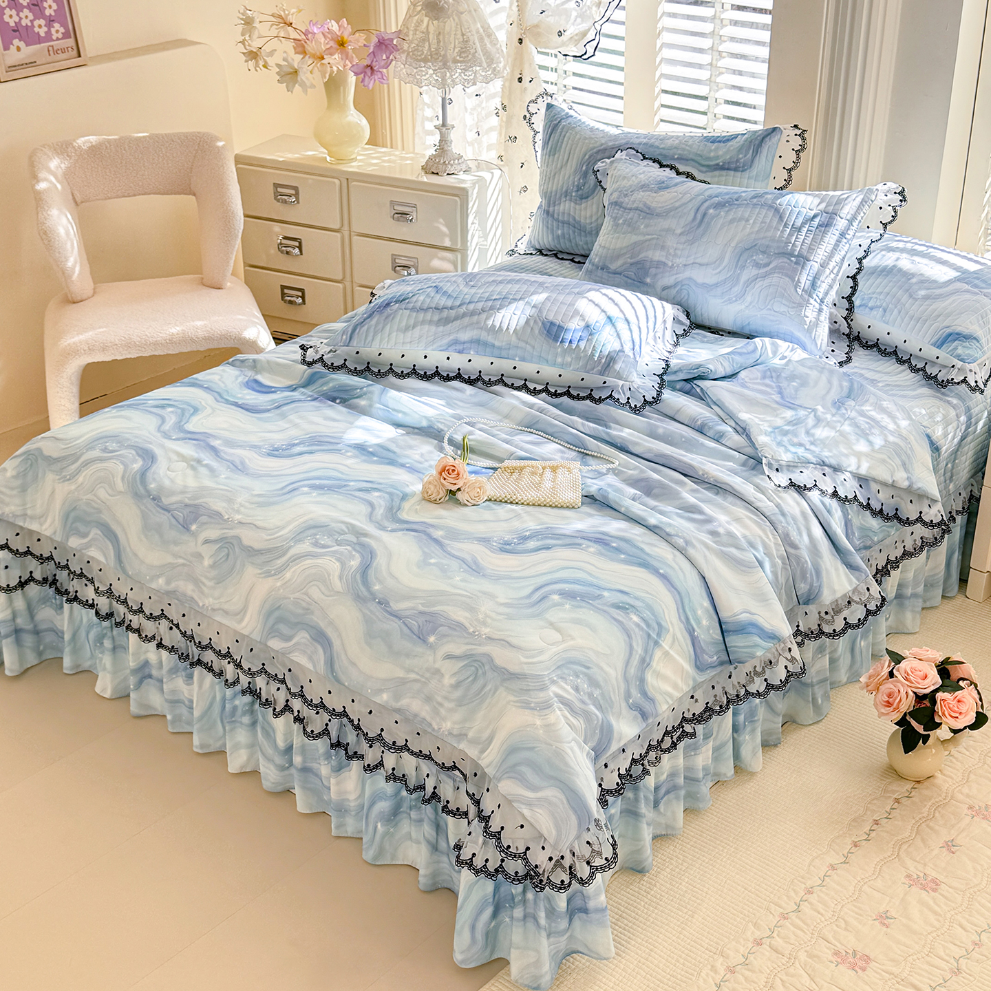 2026新款凉感丝花边夏被床盖款四件套 星河好眠