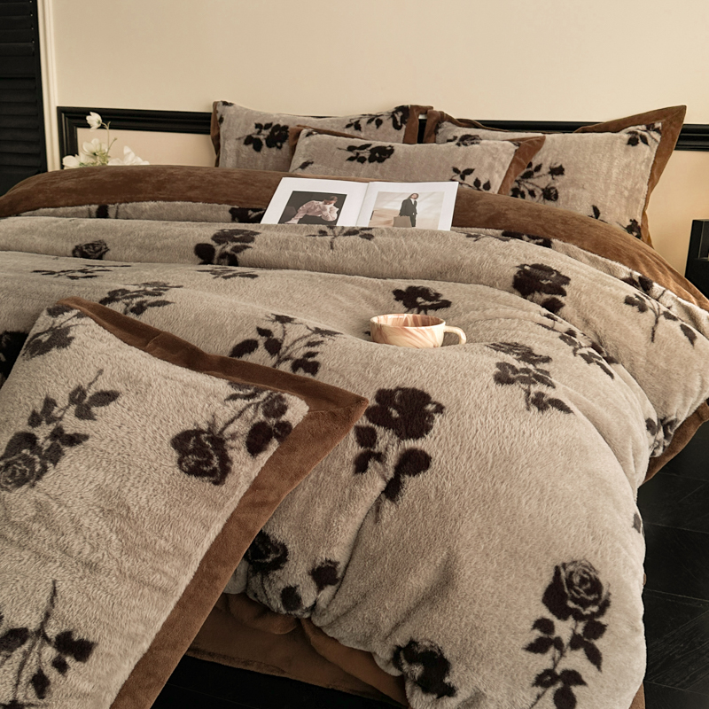 2025秋冬新款丹麦兔毛绒宽边牛奶绒四件套 宽边兔绒-玫瑰咖