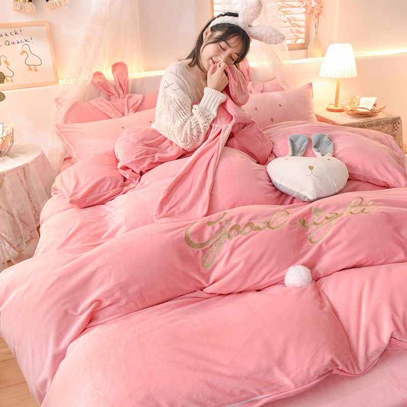 2020新款韩式水晶绒兔耳朵系列四件套 1.2m床单款三件套 萌兔粉色