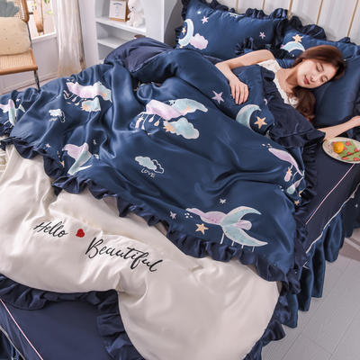 2021新款韩版水洗真丝卡通风床裙款四件套 1.5m床单款四件套 蓝月亮
