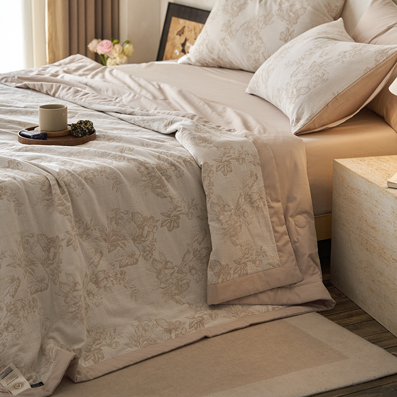 2026新款60S水洗棉三层纱色织提花夏被四件套系列 执笔水墨-咖