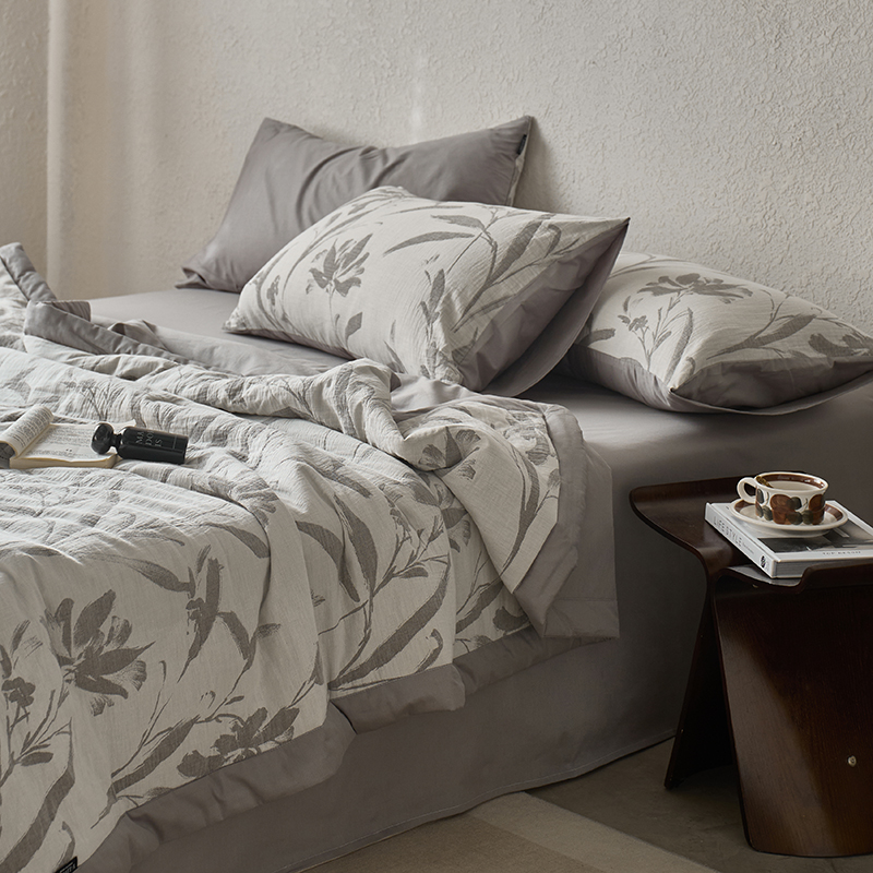 2026新款60S水洗棉三层纱色织提花夏被四件套系列 林逾静-灰