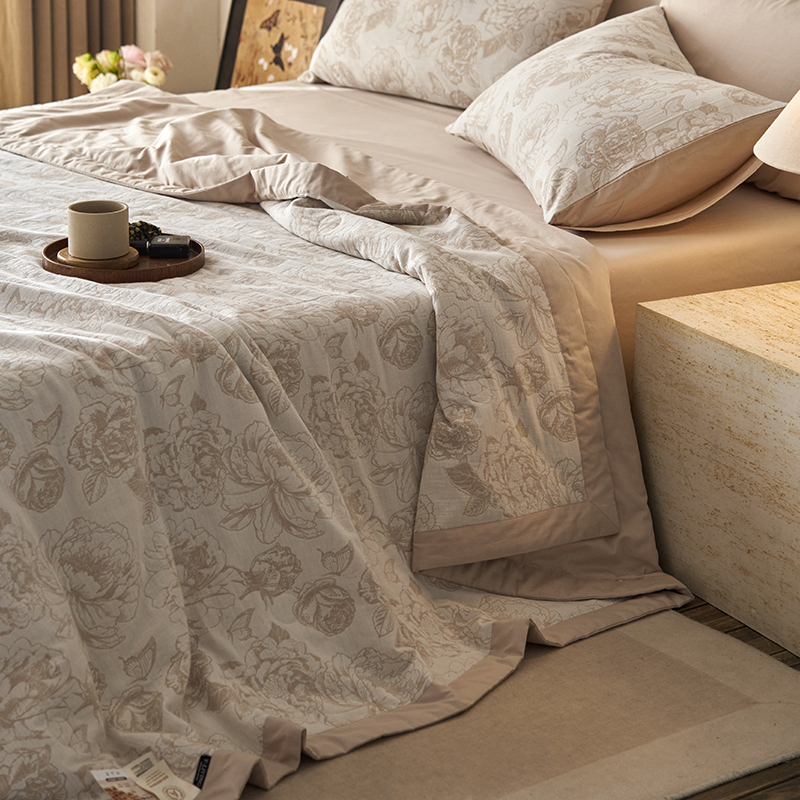 2026新款60S水洗棉三层纱色织提花夏被四件套系列 牡丹-咖