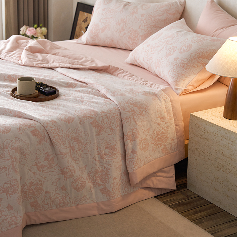 2026新款60S水洗棉三层纱色织提花夏被四件套系列 牡丹-粉