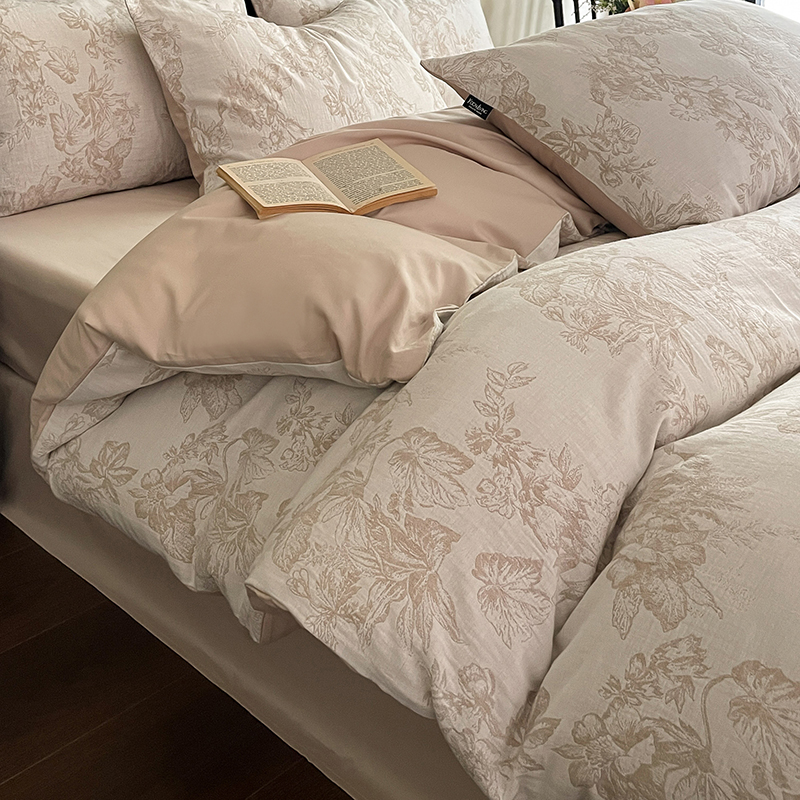 2026新款60S水洗棉三层纱色织提花四件套系列（经典保留花型） 执笔水墨 咖