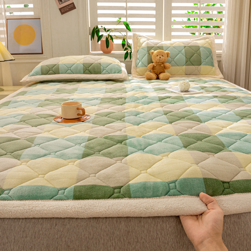 2023新款A类牛奶绒纯色印花加厚保暖床垫护垫床褥子 90*200cm单床垫 绿大格