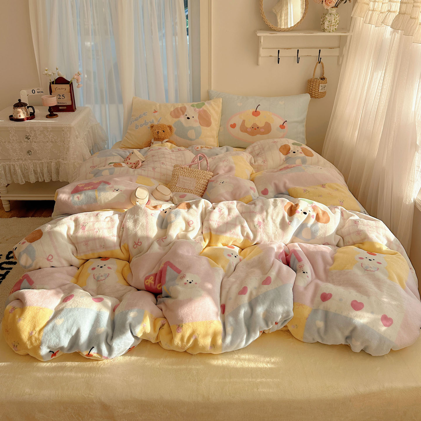 2025秋冬新款牛奶绒四件套 拼接小狗