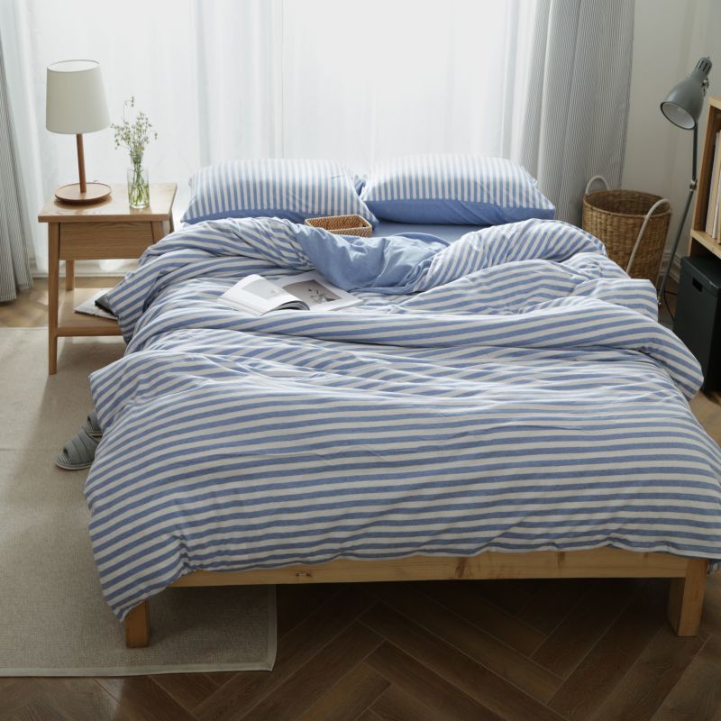 2021新款针织棉条纹纯棉床单 单床单200cmx250cm 蓝白中条