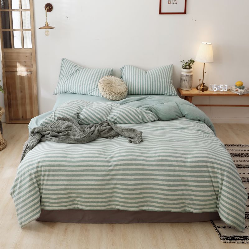 2021新款针织棉条纹纯棉床单 单床单200cmx250cm 水蓝中条