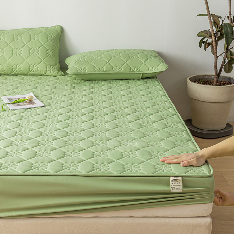 2024新款纯色水洗棉夹棉床笠床罩床垫保护套 90*200cm 梅花-薄荷绿