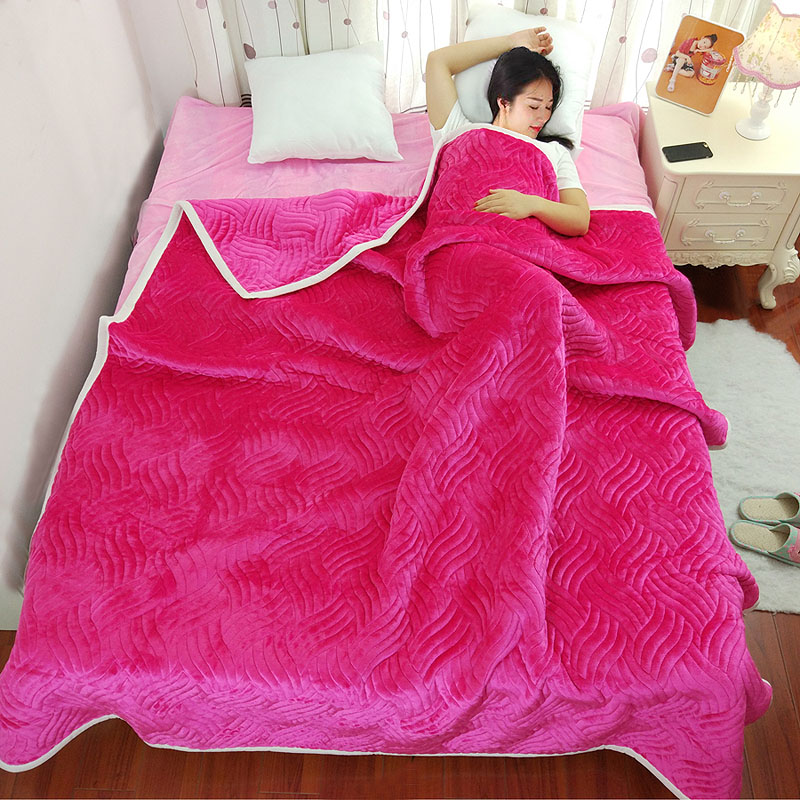 简约被毯 三层复合毯 加厚双层毛毯 法莱绒毯子 床单 冬被子 150cmX200cm 玫红