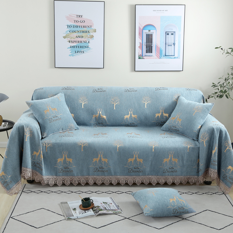 2020新款全盖雪尼尔沙发巾沙发垫沙发套沙发罩-花型1 180*150cm 麋鹿-蓝