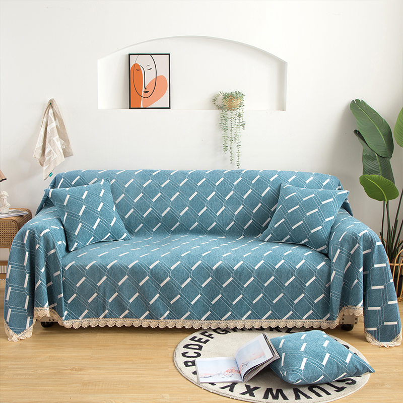 2020新款北欧纯色全盖雪尼尔沙发巾沙发垫沙发套沙发罩 180*150cm 格格情怀-蓝