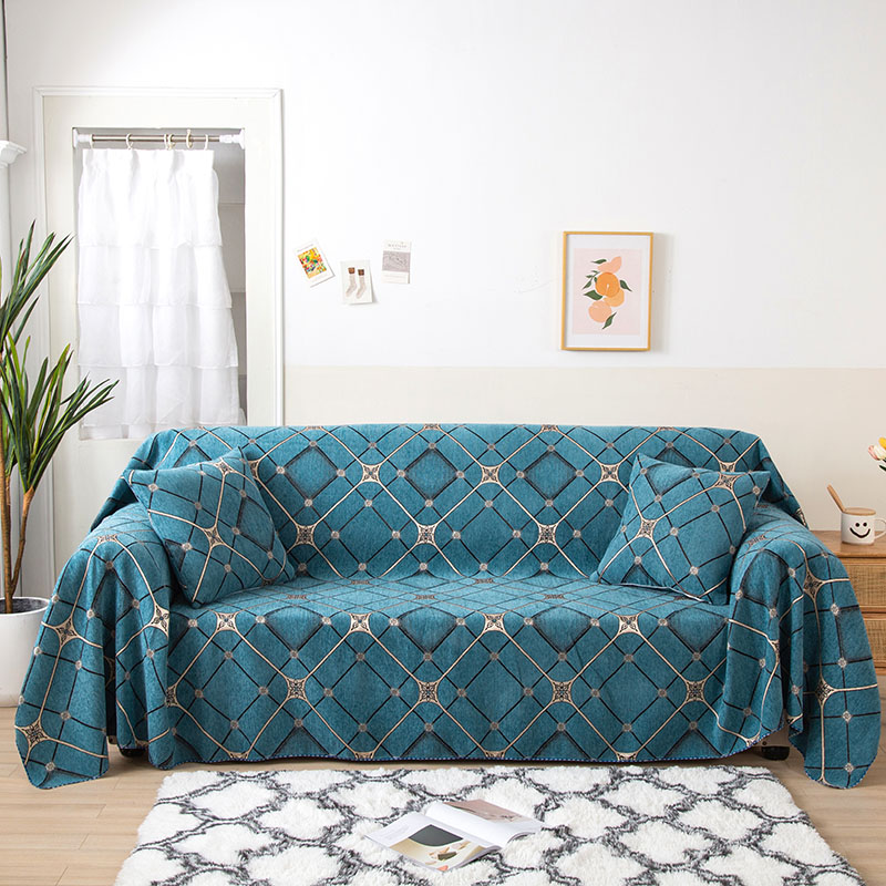 2021新款简宜全盖雪尼尔沙发巾沙发垫沙发套沙发罩 宽度(180±5)*长150cm 蓝格