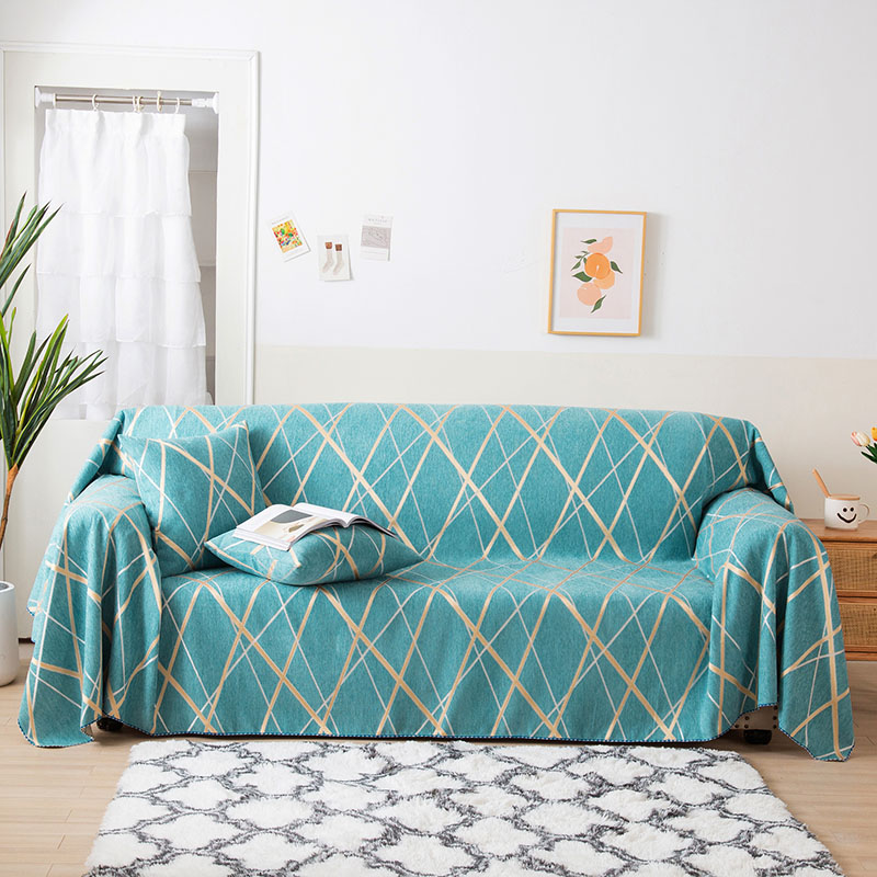 2021新款简宜全盖雪尼尔沙发巾沙发垫沙发套沙发罩 宽度(180±5)*长150cm 绿色线条