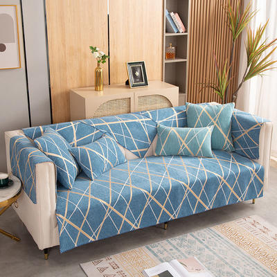 2021新款防滑全盖雪尼尔沙发巾沙发垫沙发套沙发罩 70*120cm 蓝色线条