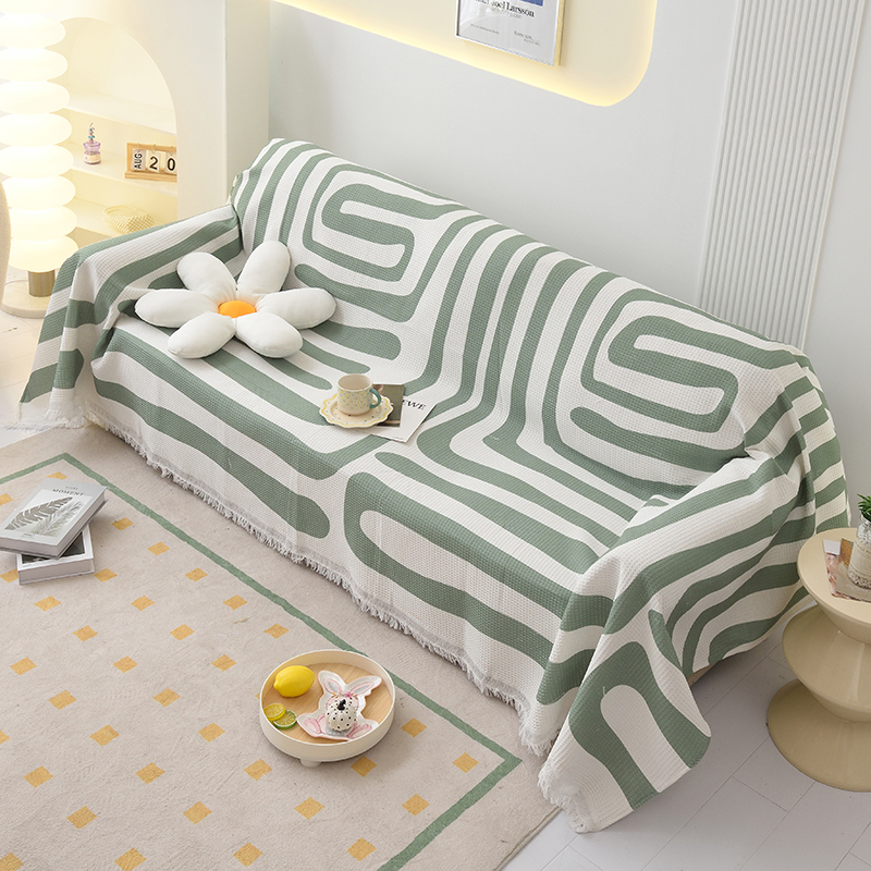 2023新款针织棉线沙发巾沙发垫沙发套 180*150cm 简素几何-绿