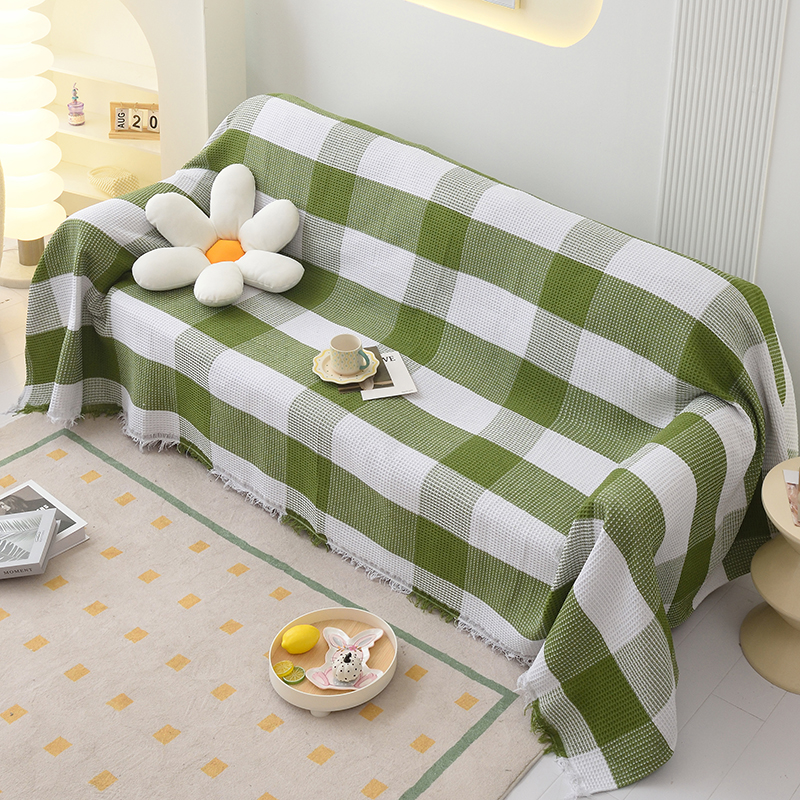2023新款针织棉线沙发巾沙发垫沙发套 180*150cm 绿白格