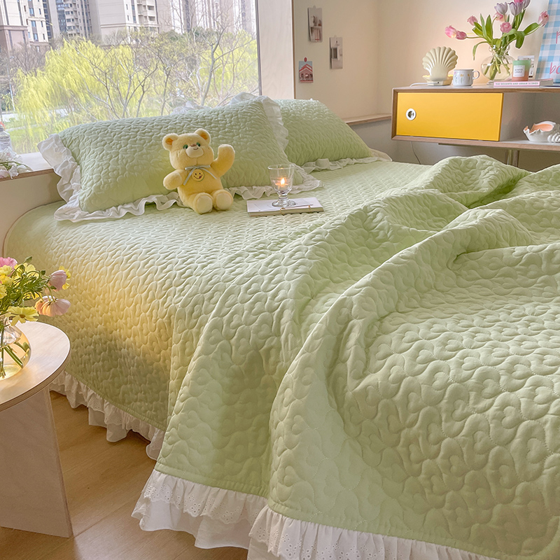 2023新款全棉水洗棉纯色床盖三件套 150*230cm单床盖 青提绿