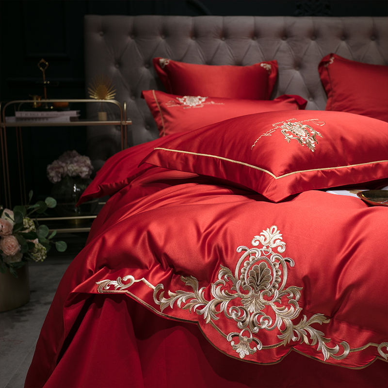 新款-梦巴黎水洗真丝系列四件套 床单款1.5m（5英尺）床 梦巴黎-大红（全棉水洗真丝）