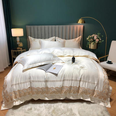 新款-金色年华水洗真丝系列四件套 床单款四件套1.8m（6英尺）床 金色年华-贵族白（全棉水洗真丝）