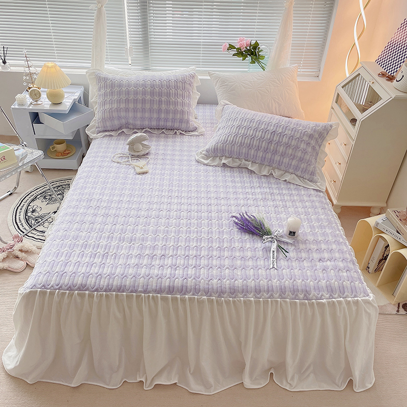 2021新款仙气飘飘·床裙款牛奶绒床盖三件套 1.8m床盖款三件套 奶油格紫