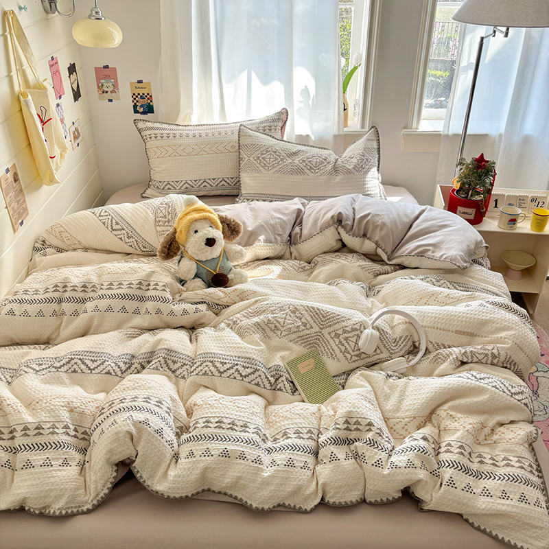 2026新款全棉华夫格提花四件套贝壳边系列 摩卡