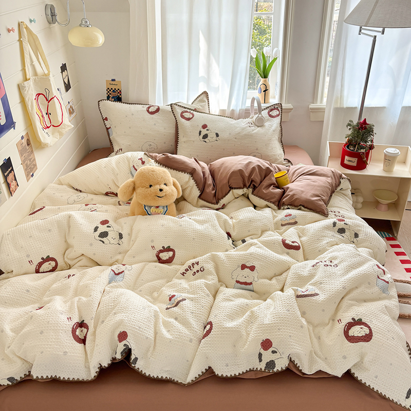 2026新款全棉华夫格提花四件套贝壳边系列 甜品斑点狗