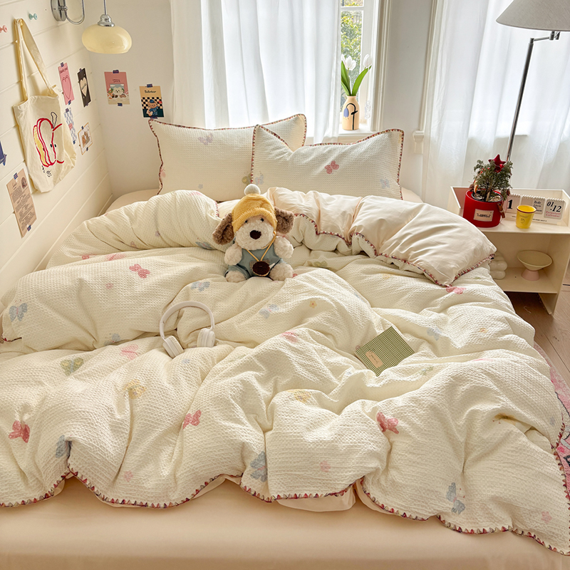 2026新款全棉华夫格提花四件套贝壳边系列 小彩蝶