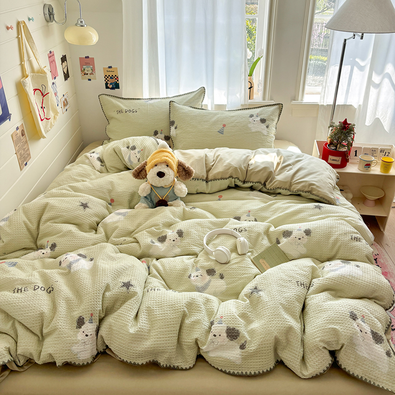 2026新款全棉华夫格提花四件套贝壳边系列 绿小狗