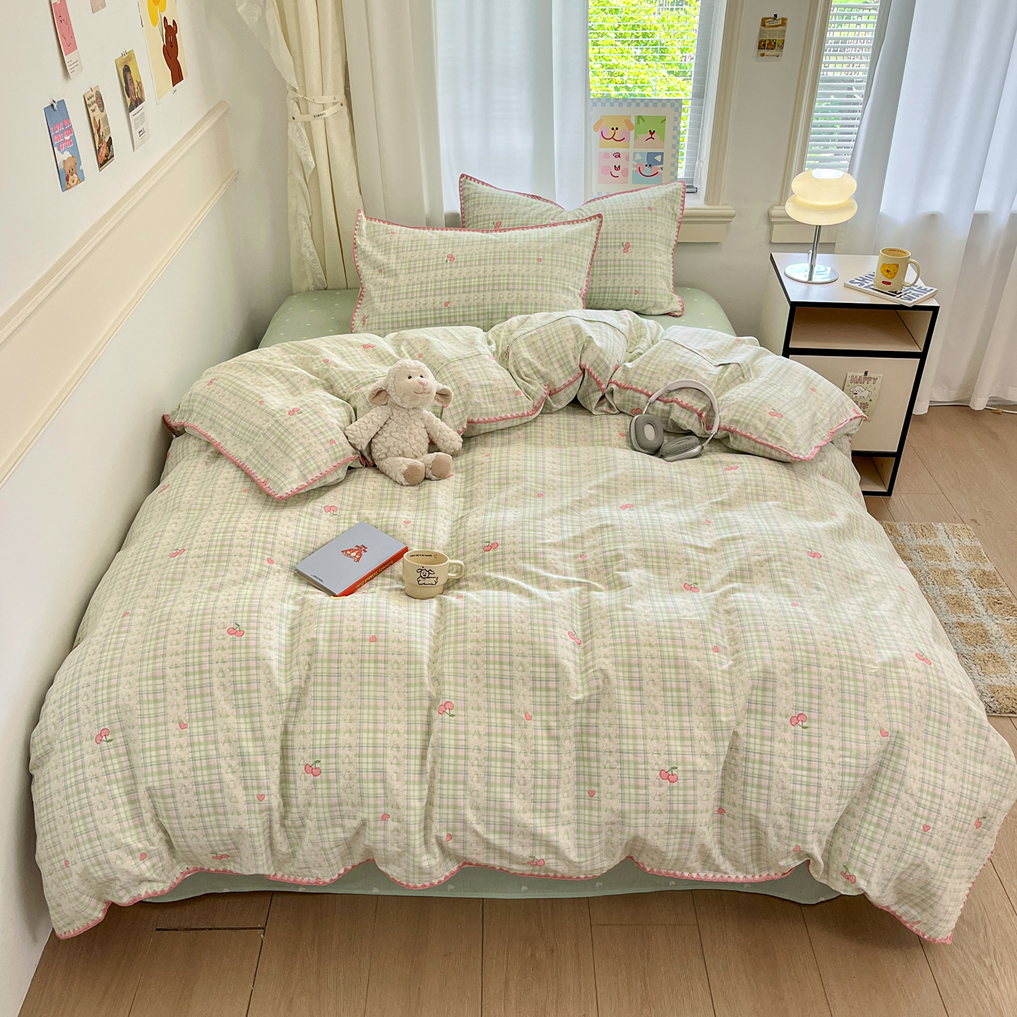 2026新款全棉印花贝壳边四件套系列 绿格樱桃