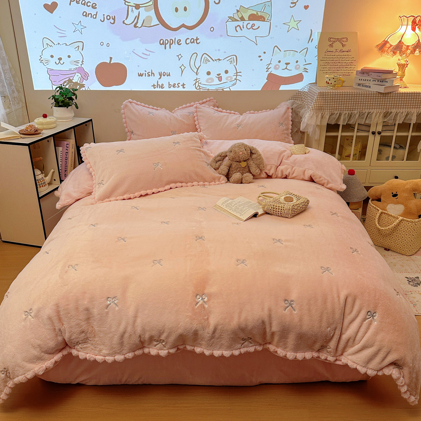 2025新款高克重兔毛毛球四件套-蝴蝶结系列 蝴蝶结-粉