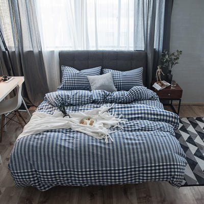 色织水洗棉四件套(错落格条系列床单款) 1.5m（5英尺）床 错落格-深蓝