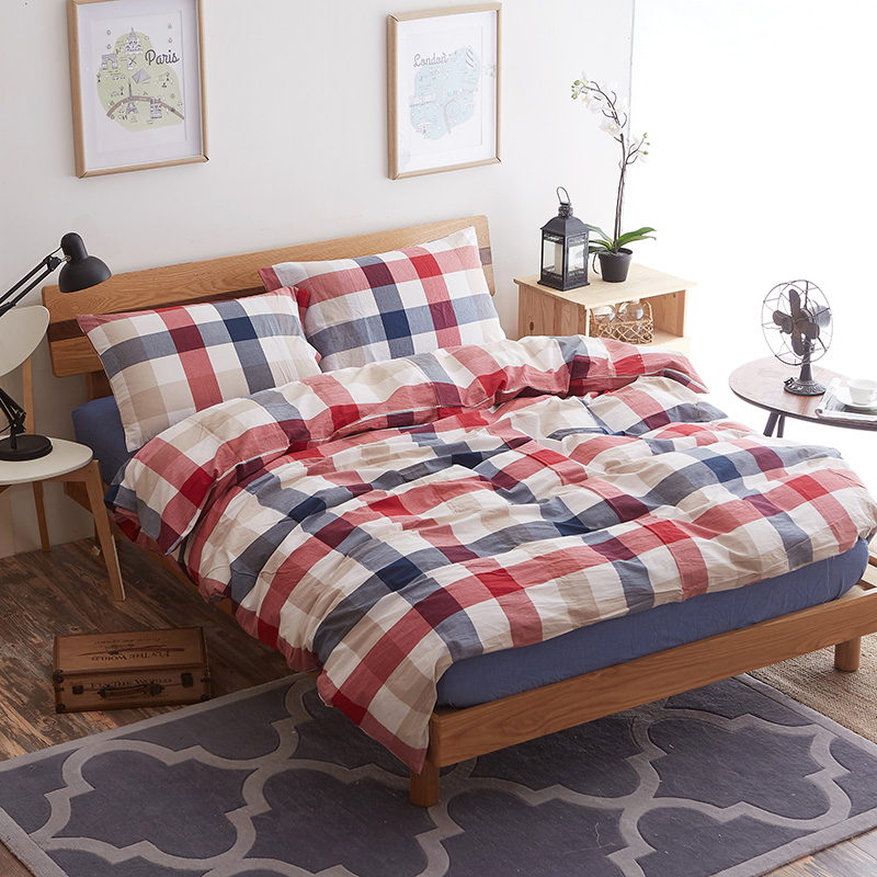 色织水洗棉四件套(中格子系列床单款) 1.5m（5英尺）床 四色格 红