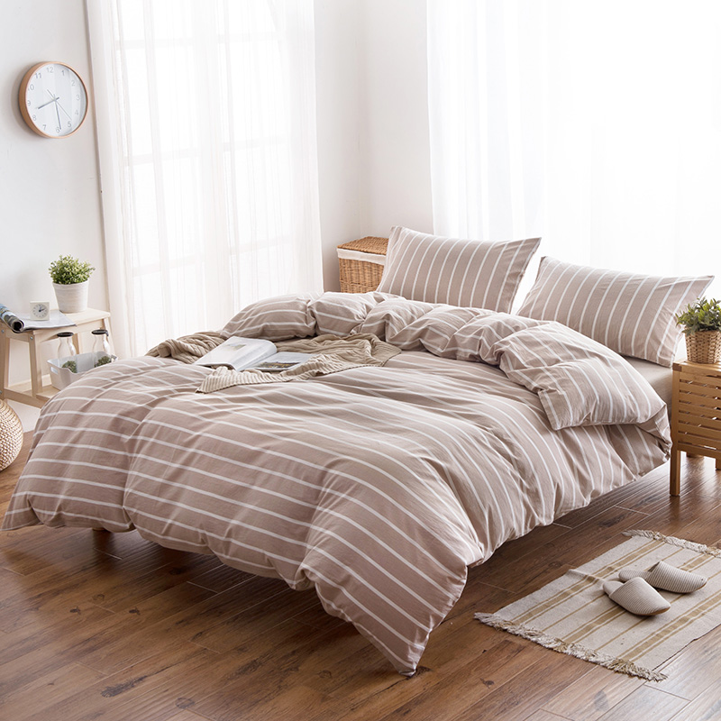 色织水洗棉四件套(条纹系列床笠款) 1.5m（5英尺）床 浅咖白条