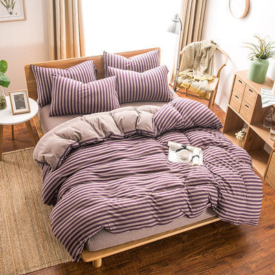 针织棉四件套-床笠款/床单款 1.5m床笠款 紫咖棕条
