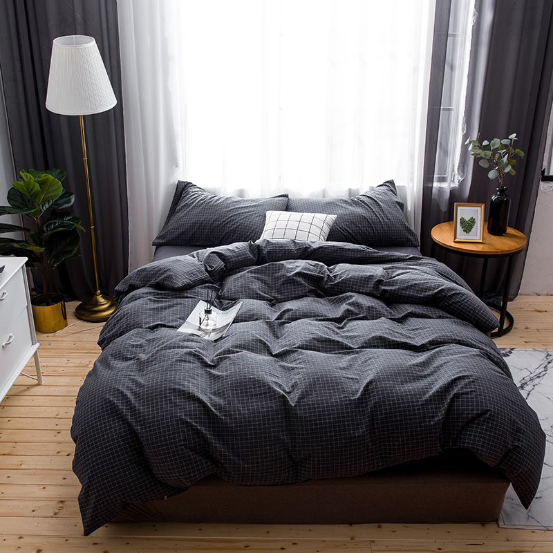色织水洗棉四件套(中格子系列床笠款) 1.5m（5英尺）床 细黑格