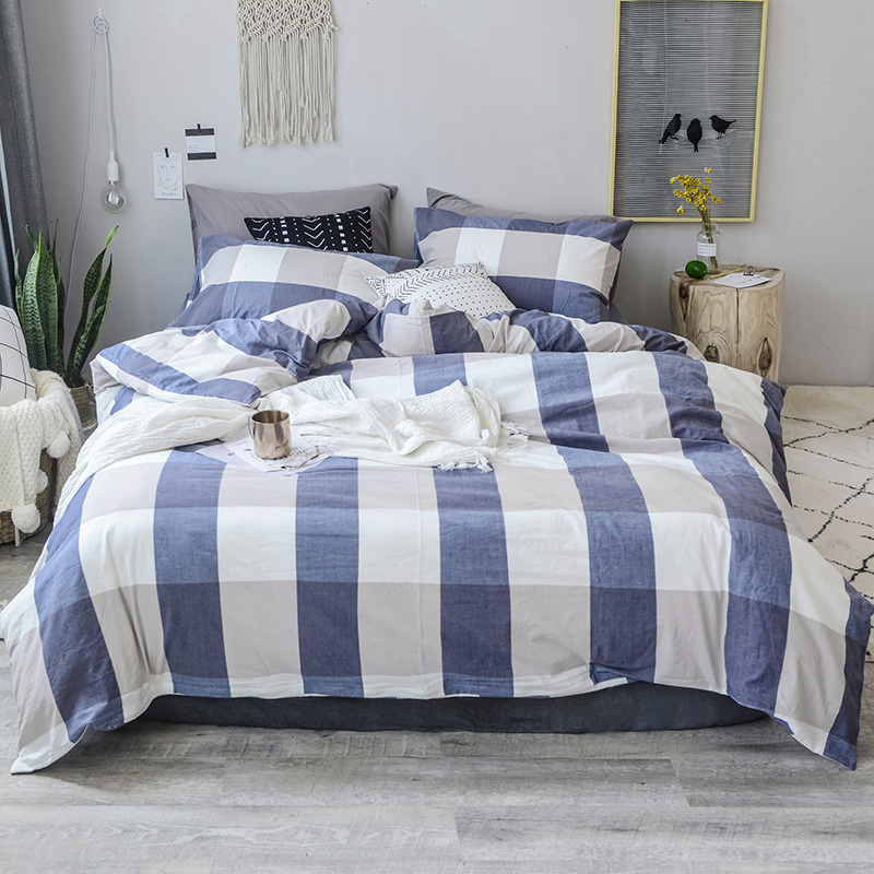 色织水洗棉四件套(大格子系列床单款) 1.5m（5英尺）床 蓝灰大格